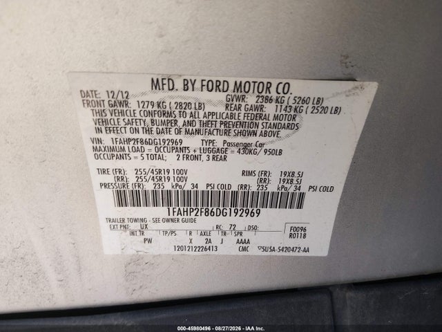 2013 Ford Taurus Limited მანქანა იყიდება აუქციონზე, vin: 1FAHP2F86DG192969, აუქციონის ნომერი: 45980496