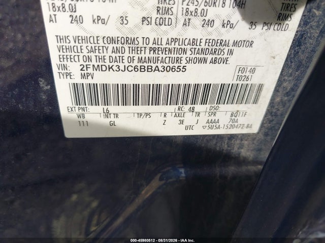 45980512 :رقم المزاد ، 2FMDK3JC6BBA30655 vin ، 2011 Ford Edge Sel مزاد بيع