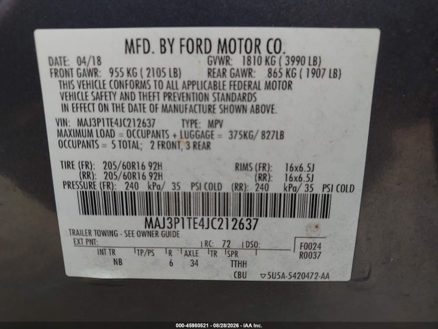 Продажа на аукционе авто 2018 Ford Ecosport Se, vin: MAJ3P1TE4JC212637, номер лота: 45980521