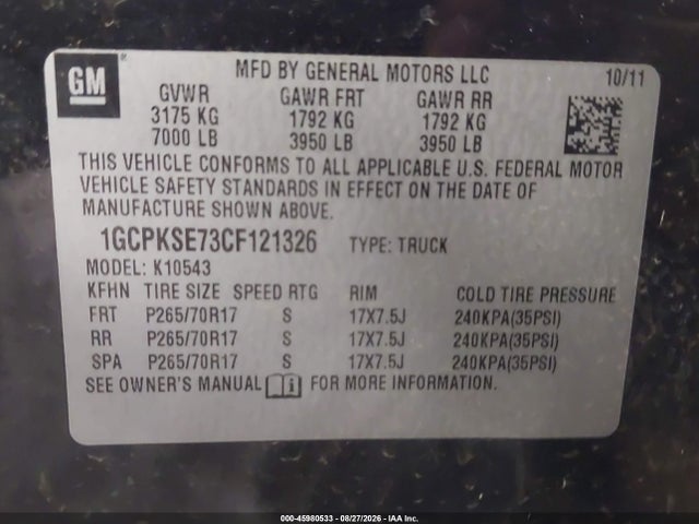 45980533 :رقم المزاد ، 1GCPKSE73CF121326 vin ، 2012 Chevrolet Silverado 1500 Lt مزاد بيع