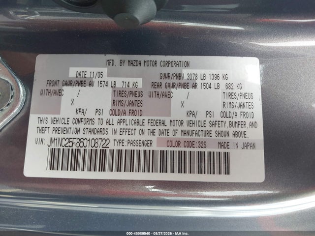 Продаж на аукціоні авто 2006 Mazda Mx-5 Grand Touring, vin: JM1NC25F860108722, номер лоту: 45980540