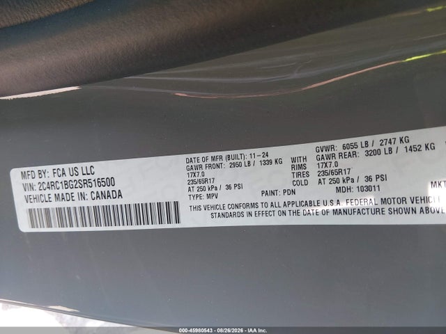 Aukcja sprzedaży 2025 Chrysler Pacifica Select, vin: 2C4RC1BG2SR516500, numer aukcji: 45980543