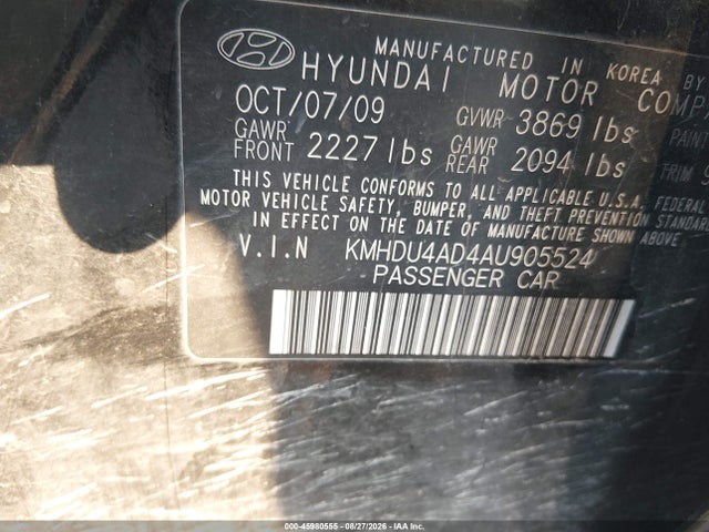 Продаж на аукціоні авто 2010 Hyundai Elantra Gls, vin: KMHDU4AD4AU905524, номер лоту: 45980555