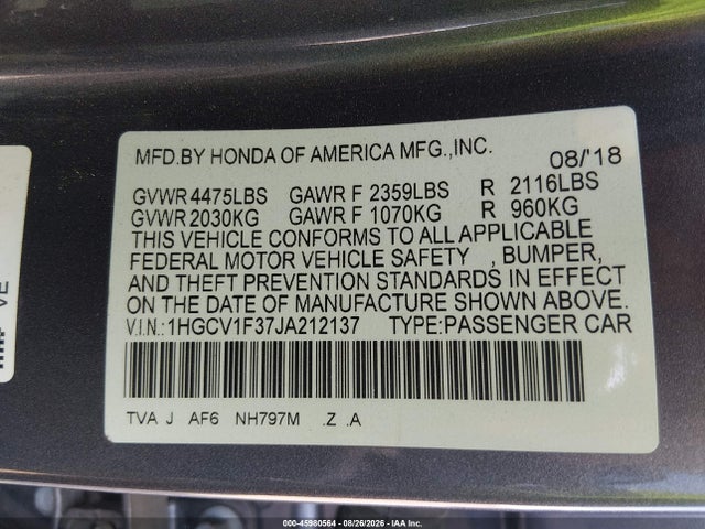 Aukcja sprzedaży 2018 Honda Accord Sport, vin: 1HGCV1F37JA212137, numer aukcji: 45980564