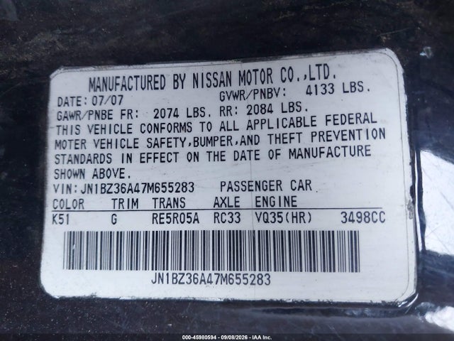 45980594 :رقم المزاد ، JN1BZ36A47M655283 vin ، 2007 Nissan 350z Touring مزاد بيع