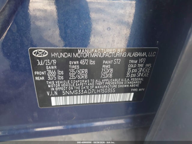 Hyundai Santa Fe Sel 2020 5NMS33AD7LH150355 Image 9