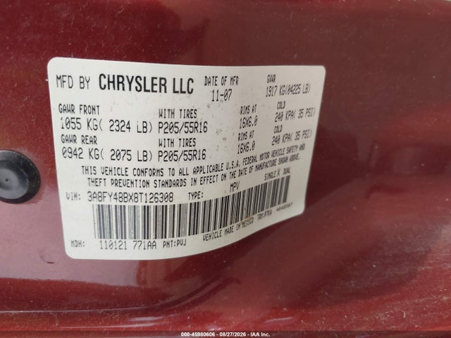 45980606 :رقم المزاد ، 3A8FY48BX8T126308 vin ، 2008 Chrysler Pt Cruiser Lx مزاد بيع