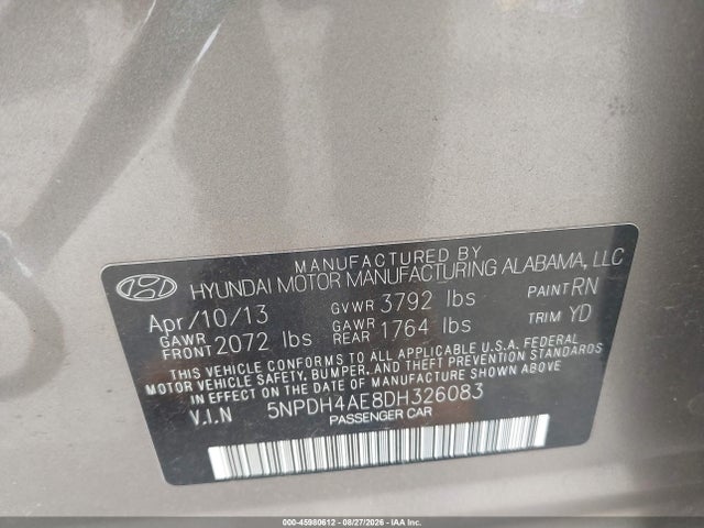 Продаж на аукціоні авто 2013 Hyundai Elantra Gls, vin: 5NPDH4AE8DH326083, номер лоту: 45980612