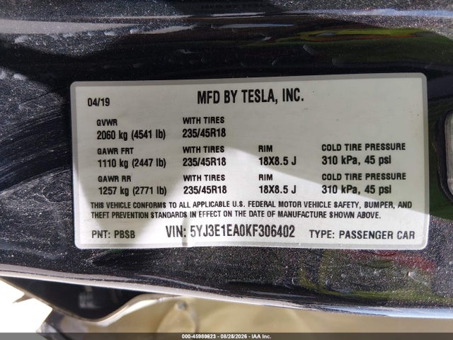 Продажа на аукционе авто 2019 Tesla Model 3 Long Range/mid Range/standard Range/standard Range Plus, vin: 5YJ3E1EA0KF306402, номер лота: 45980623