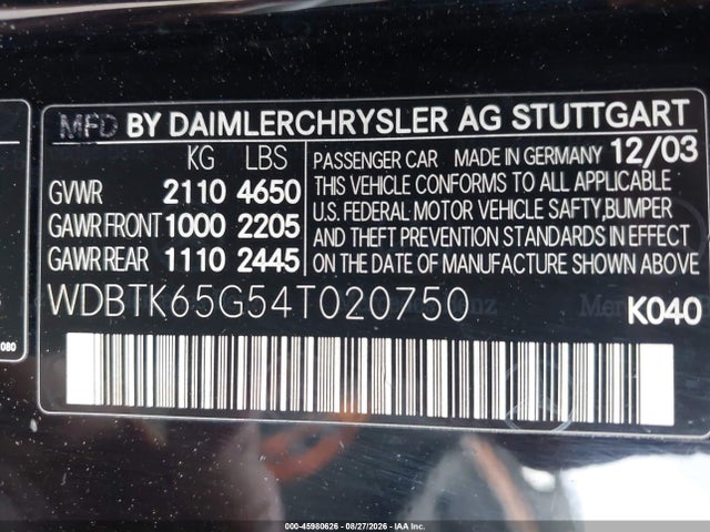 2004 Mercedes-benz Clk 320 მანქანა იყიდება აუქციონზე, vin: WDBTK65G54T020750, აუქციონის ნომერი: 45980626