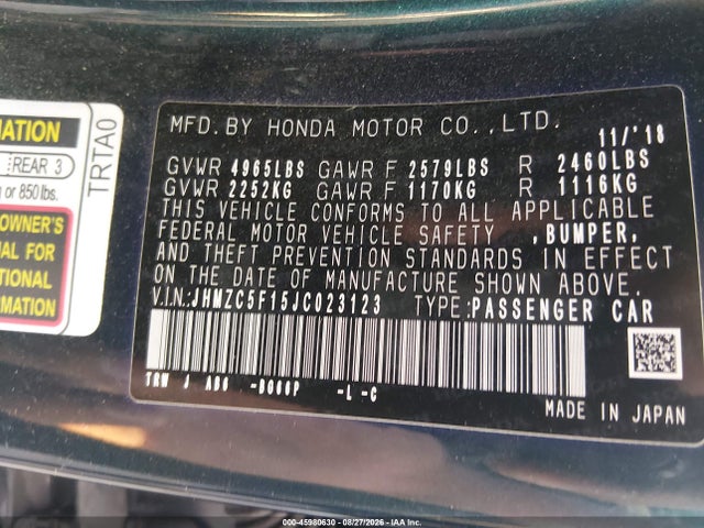 Aukcja sprzedaży 2018 Honda Clarity Plug-in Hybrid, vin: JHMZC5F15JC023123, numer aukcji: 45980630