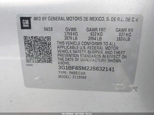 Продажа на аукционе авто 2018 Chevrolet Cruze Premier Auto, vin: 3G1BF6SM2JS632141, номер лота: 45980640