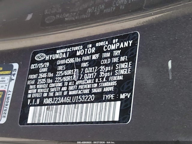Продажа на аукционе авто 2020 Hyundai Tucson Se, vin: KM8J23A46LU153220, номер лота: 45980655