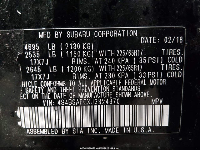 45980659 :رقم المزاد ، 4S4BSAFCXJ3324370 vin ، 2018 Subaru Outback 2.5i Premium مزاد بيع