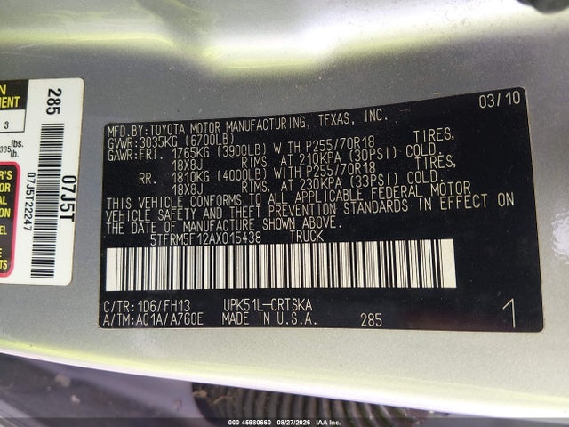 2010 Toyota Tundra Grade 4.6l V8 მანქანა იყიდება აუქციონზე, vin: 5TFRM5F12AX015438, აუქციონის ნომერი: 45980660