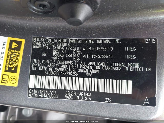 Aukcja sprzedaży 2016 Toyota Highlander Limited V6, vin: 5TDDKRFH1GS236256, numer aukcji: 45980675
