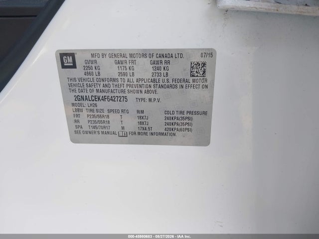 Aukcja sprzedaży 2015 Chevrolet Equinox 2lt, vin: 2GNALCEK4F6427275, numer aukcji: 45980683
