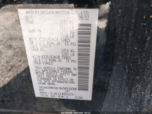 Продажа на аукционе авто 2013 Nissan Pathfinder Sl, vin: 5N1AR2MN5DC600508, номер лота: 45980696