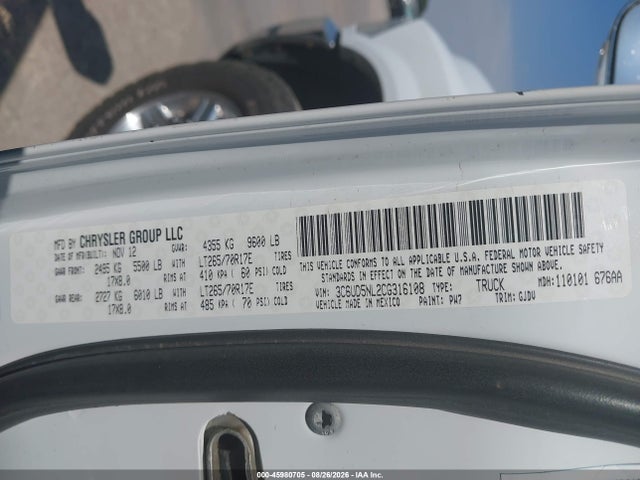 Auction sale of the 2012 Ram 2500 Laramie, vin: 3C6UD5NL2CG316108, lot number: 45980705