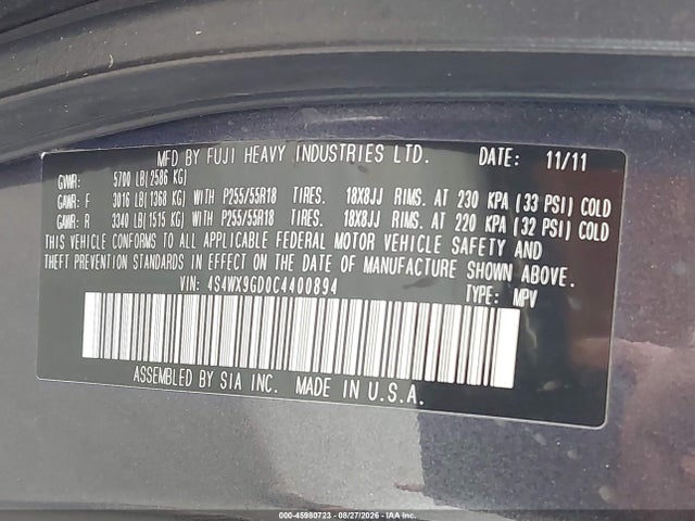 Aukcja sprzedaży 2012 Subaru Tribeca 3.6r Limited, vin: 4S4WX9GD0C4400894, numer aukcji: 45980723