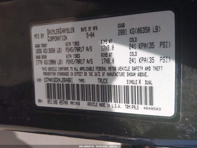 Aukcja sprzedaży 2004 Dodge Ram 1500 St, vin: 1D7HA16D24J264861, numer aukcji: 45980728