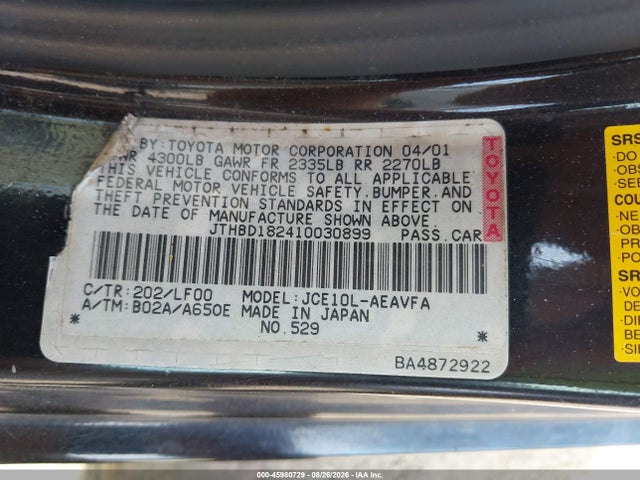 Aukcja sprzedaży 2001 Lexus Is 300, vin: JTHBD182410030899, numer aukcji: 45980729