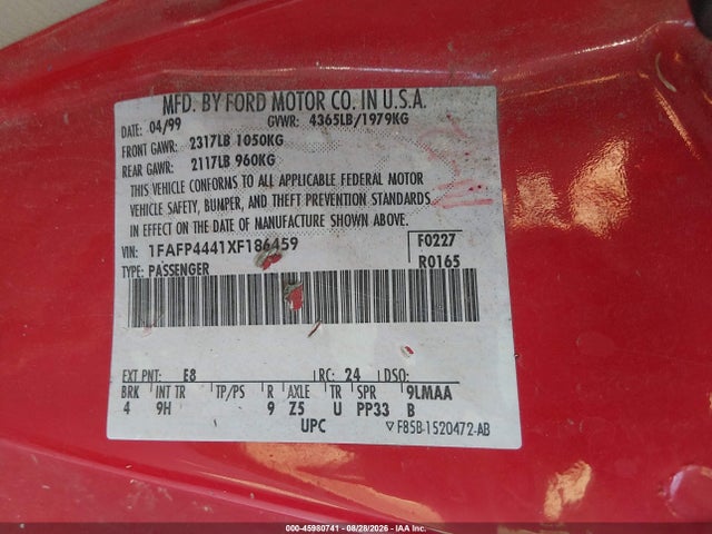 45980741 :رقم المزاد ، 1FAFP4441XF186459 vin ، 1999 Ford Mustang مزاد بيع