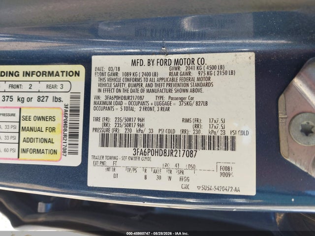 45980747 :رقم المزاد ، 3FA6P0HD8JR217087 vin ، 2018 Ford Fusion Se مزاد بيع