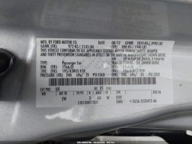 Aukcja sprzedaży 2013 Ford Focus S, vin: 1FADP3E29DL118910, numer aukcji: 45980766