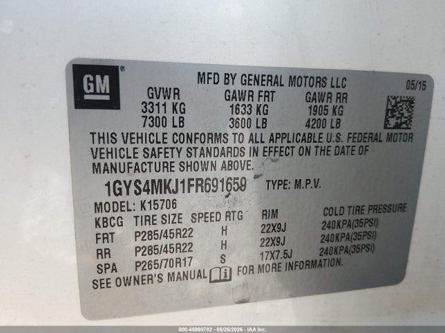 45980782 :رقم المزاد ، 1GYS4MKJ1FR691659 vin ، 2015 Cadillac Escalade Luxury مزاد بيع