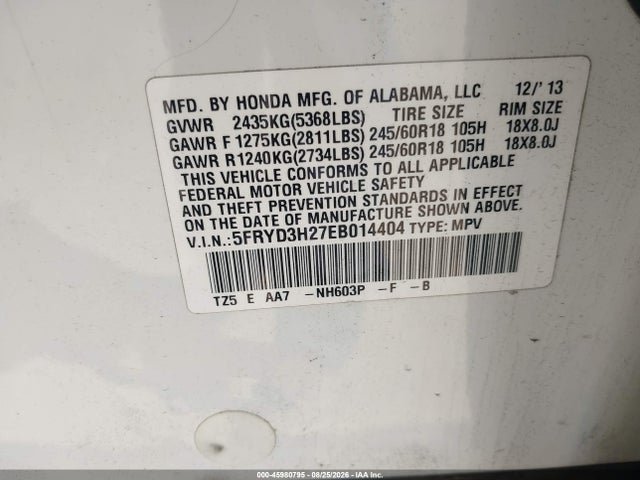 45980795 :رقم المزاد ، 5FRYD3H27EB014404 vin ، 2014 Acura Mdx مزاد بيع