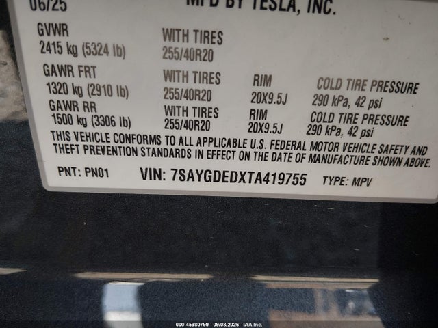 45980799 :رقم المزاد ، 7SAYGDEDXTA419755 vin ، 2026 Tesla Model Y Premium Rear-wheel Drive/rear-wheel Drive مزاد بيع