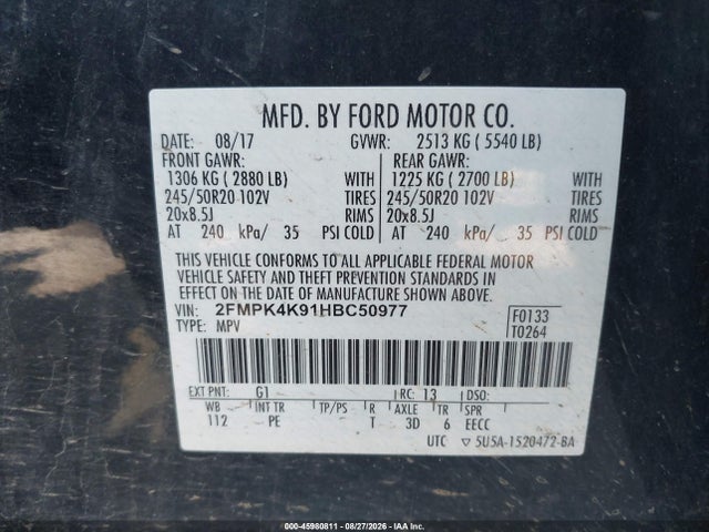 Продаж на аукціоні авто 2017 Ford Edge Titanium, vin: 2FMPK4K91HBC50977, номер лоту: 45980811