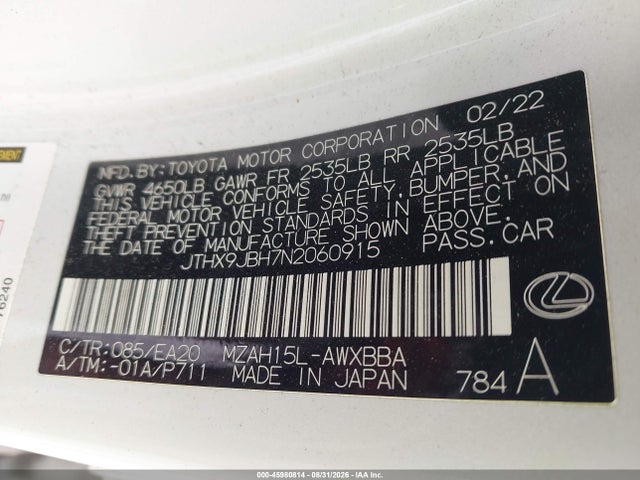 Aukcja sprzedaży 2022 Lexus Ux 250h, vin: JTHX9JBH7N2060915, numer aukcji: 45980814