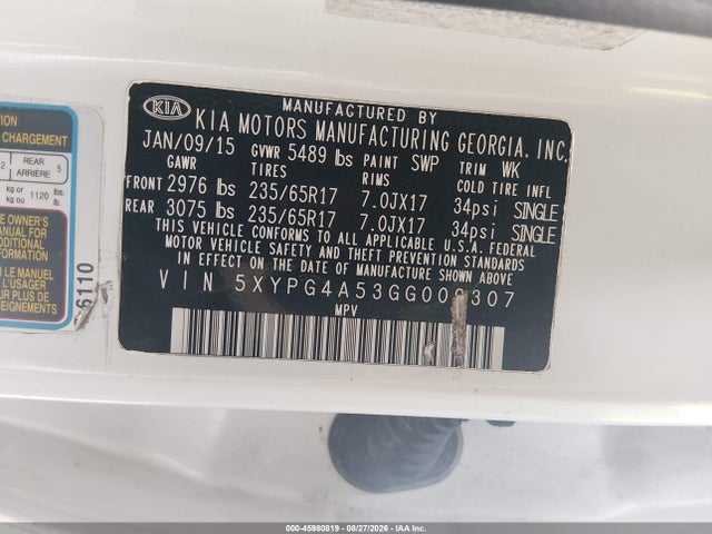 Aukcja sprzedaży 2016 Kia Sorento 3.3l Lx, vin: 5XYPG4A53GG009307, numer aukcji: 45980819