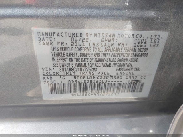 Aukcja sprzedaży 2022 Nissan Sentra Sv Xtronic Cvt, vin: 3N1AB8CV4NY275293, numer aukcji: 45980831