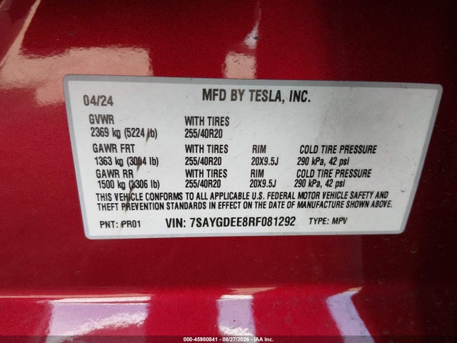 Aukcja sprzedaży 2024 Tesla Model Y Long Range Dual Motor All-wheel Drive, vin: 7SAYGDEE8RF081292, numer aukcji: 45980841