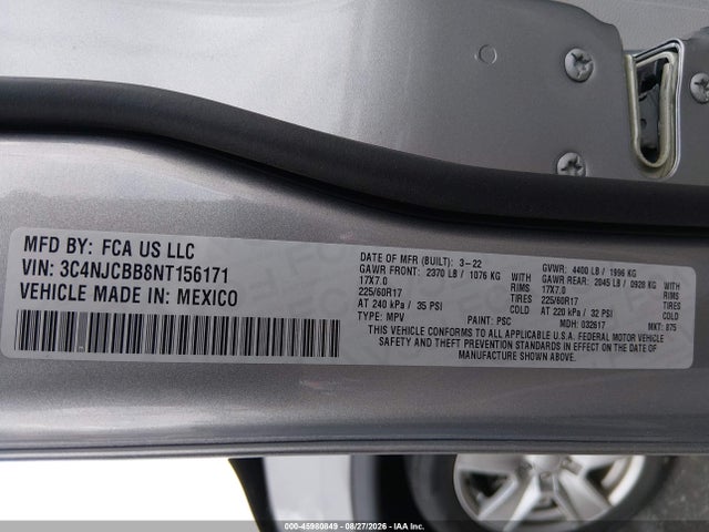 Продаж на аукціоні авто 2022 Jeep Compass Latitude Fwd, vin: 3C4NJCBB8NT156171, номер лоту: 45980849