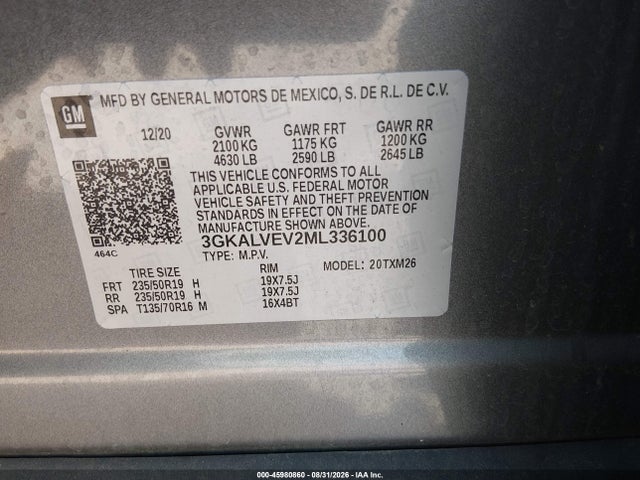 Aukcja sprzedaży 2021 Gmc Terrain Awd Slt, vin: 3GKALVEV2ML336100, numer aukcji: 45980860