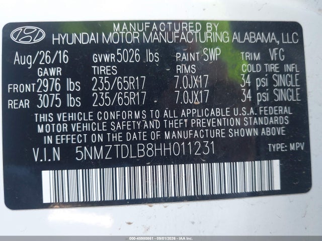 45980861 :رقم المزاد ، 5NMZTDLB8HH011231 vin ، 2017 Hyundai Santa Fe Sport 2.4l مزاد بيع
