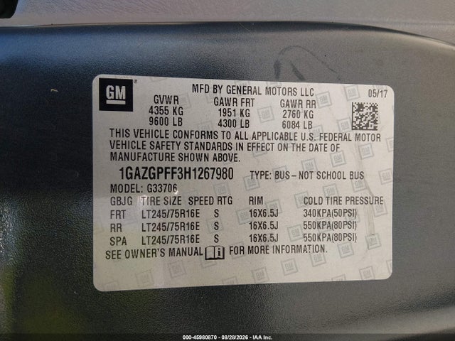 Продажа на аукционе авто 2017 Chevrolet Express 3500 Lt, vin: 1GAZGPFF3H1267980, номер лота: 45980870