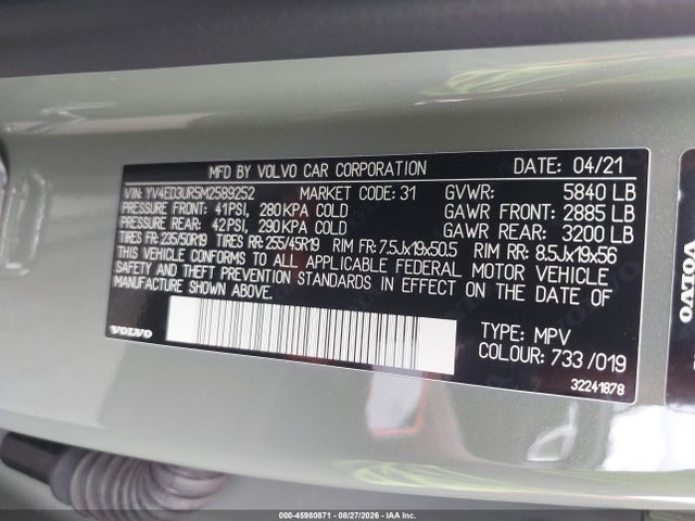 Aukcja sprzedaży 2021 Volvo Xc40 Recharge Pure Electric P8, vin: YV4ED3UR5M2589252, numer aukcji: 45980871
