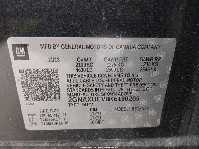 2019 Chevrolet Equinox Lt მანქანა იყიდება აუქციონზე, vin: 2GNAXUEV8K6190255, აუქციონის ნომერი: 45980876