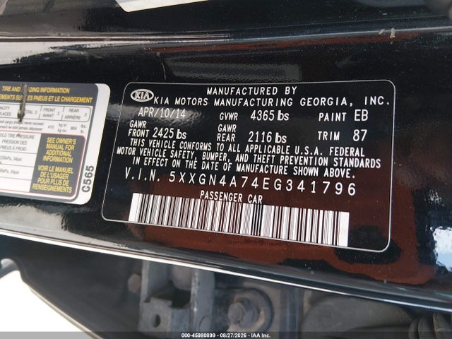 45980899 :رقم المزاد ، 5XXGN4A74EG341796 vin ، 2014 Kia Optima Ex مزاد بيع