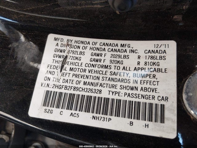 2012 Honda Civic Ex მანქანა იყიდება აუქციონზე, vin: 2HGFB2F89CH326328, აუქციონის ნომერი: 45980902
