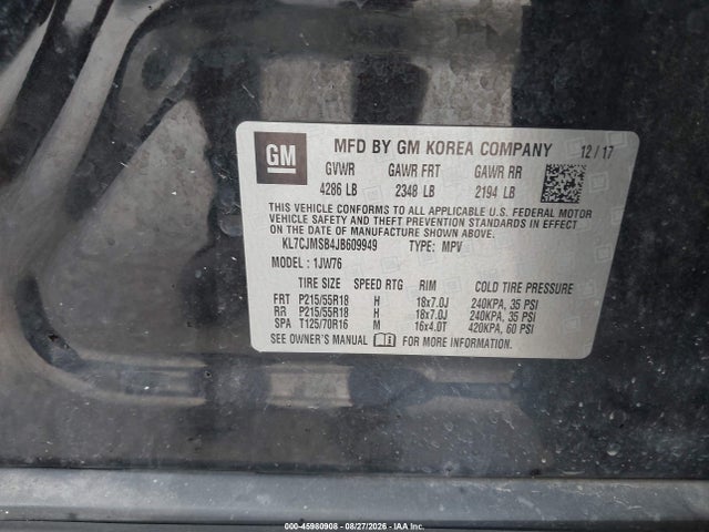 45980908 :رقم المزاد ، KL7CJMSB4JB609949 vin ، 2018 Chevrolet Trax Premier مزاد بيع