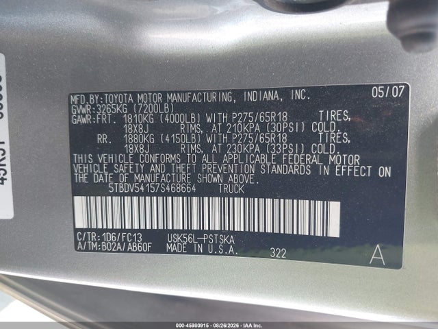 Продаж на аукціоні авто 2007 Toyota Tundra Sr5 5.7l V8, vin: 5TBDV54157S468664, номер лоту: 45980915