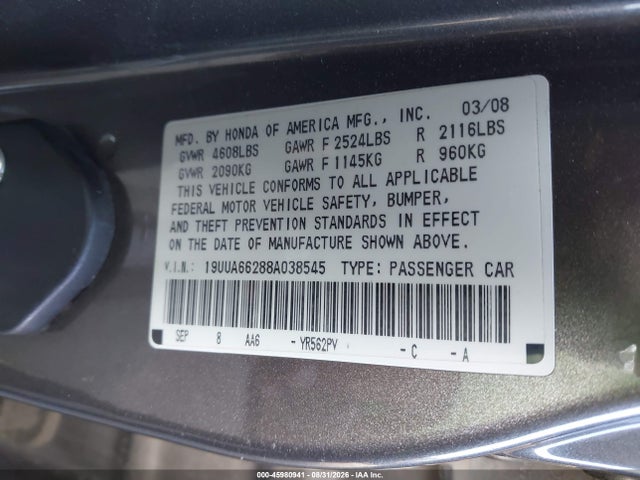 45980941 :رقم المزاد ، 19UUA66288A038545 vin ، 2008 Acura Tl 3.2 مزاد بيع