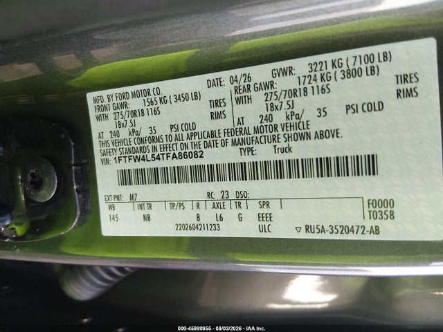 Продаж на аукціоні авто 2026 Ford F-150 Tremor, vin: 1FTFW4L54TFA86082, номер лоту: 45980955