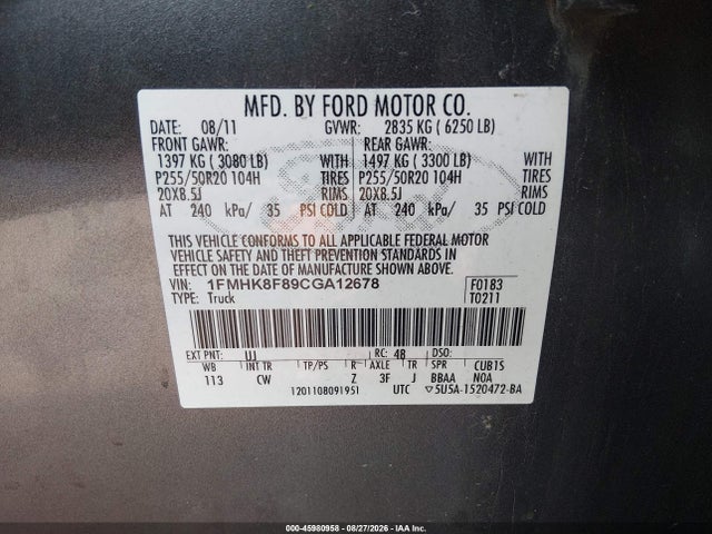 Продажа на аукционе авто 2012 Ford Explorer Limited, vin: 1FMHK8F89CGA12678, номер лота: 45980958